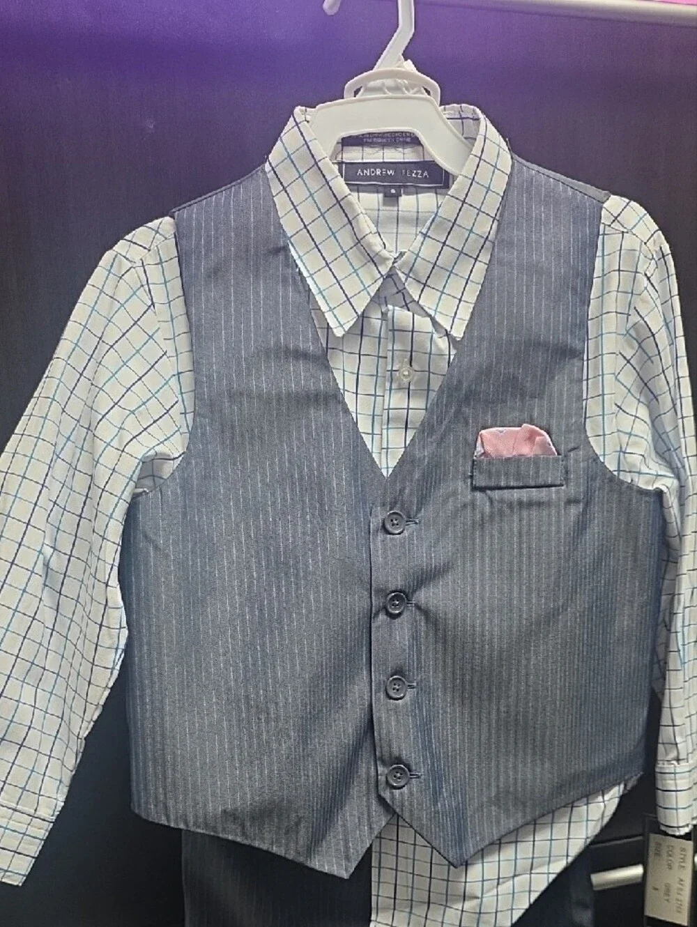 Andrew Fezza Boys' Gray Pinstriped Vest & Pants Set with Pink Pocket Square